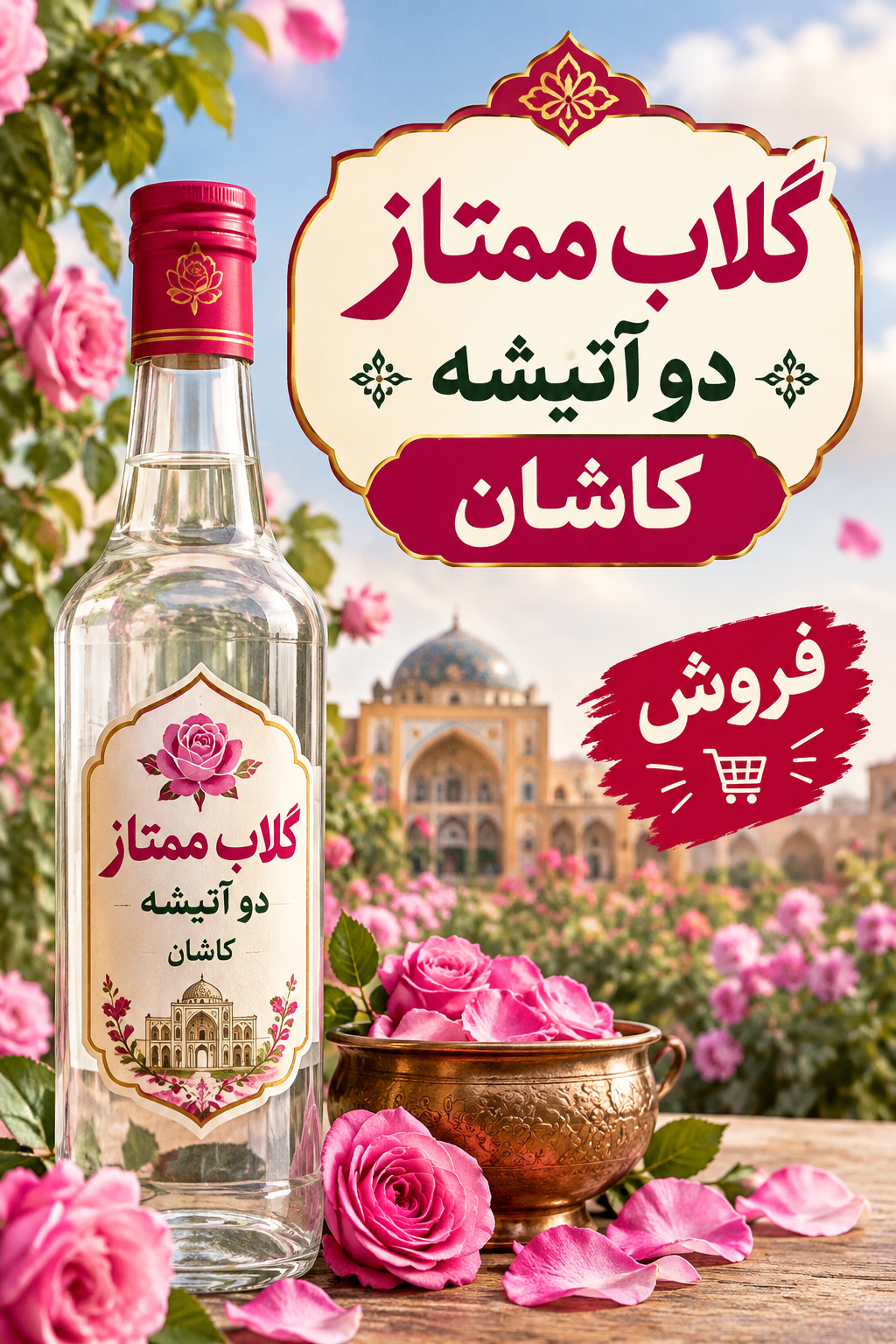 گلاب دو آتیشه ممتاز یک لیتری کاشان ( همراه با ضمانت کیفیت)